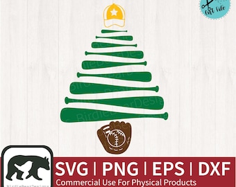 May include: A green Christmas tree made of baseball bats with a brown baseball glove and ball at the bottom. The tree is topped with a yellow baseball cap with a white star. The text "SVG | PNG | EPS | DXF" and "Commercial Use For Physical Products" is below the tree.