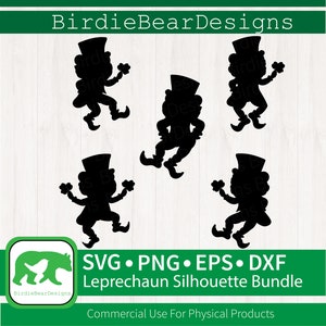 May include: A collection of five black leprechaun silhouettes, each holding a shamrock. The image features the text "SVG • PNG • EPS • DXF Leprechaun Silhouette Bundle" and "Commercial Use For Physical Products."