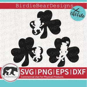May include: Three black silhouette images of a leprechaun holding a pot of gold inside a shamrock. The shamrocks are outlined in white. The text "SVG | PNG | EPS | DXF" is below the images. The text "BirdieBearDesigns, Commercial Use For Physical Products" is below the text.