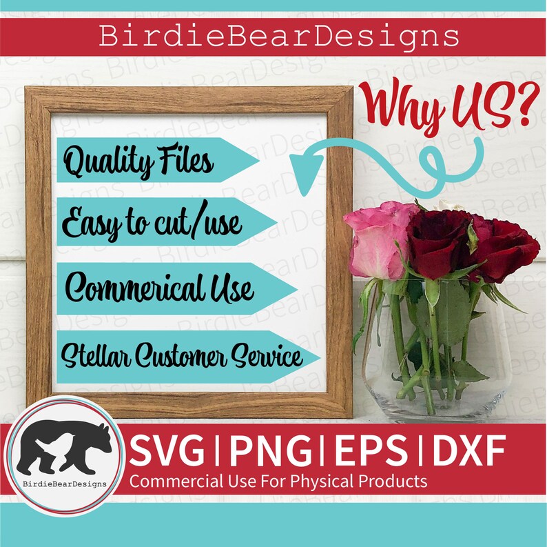 May include: A framed sign with a turquoise background and white text that reads "Quality Files", "Easy to cut/use", "Commercial Use", and "Stellar Customer Service". The sign is framed in wood and has a vase of red and pink roses in front of it. The text "Why US?" is written in a large, cursive font above the sign. The text "SVG | PNG | EPS | DXF" is written in a large, bold font below the sign. The text "Commercial Use For Physical Products" is written in a smaller font below the larger text.