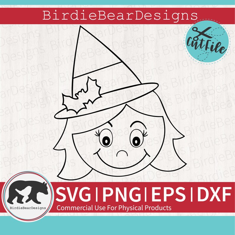 Puede incluir: Una ilustraci&oacute;n en blanco y negro de una ni&ntilde;a con un sombrero de bruja con un dise&ntilde;o de hoja. La ni&ntilde;a tiene una gran sonrisa y ojos grandes. La imagen incluye el texto "SVG | PNG | EPS | DXF" y "Uso comercial para productos f&iacute;sicos".