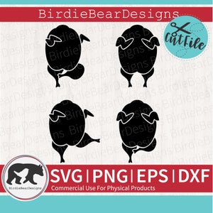Puede incluir: Cuatro imágenes en silueta negra de un pavo de Acción de Gracias, con el texto "SVG | PNG | EPS | DXF" y "Uso comercial para productos físicos" debajo de las imágenes.