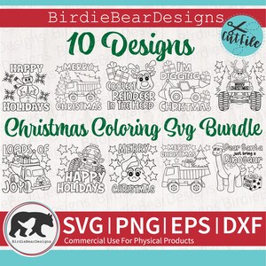 May include: A set of 10 black and white Christmas coloring page designs featuring a variety of holiday themes, including reindeer, trucks, and dinosaurs. The designs are perfect for use in crafts, scrapbooking, and other creative projects.
