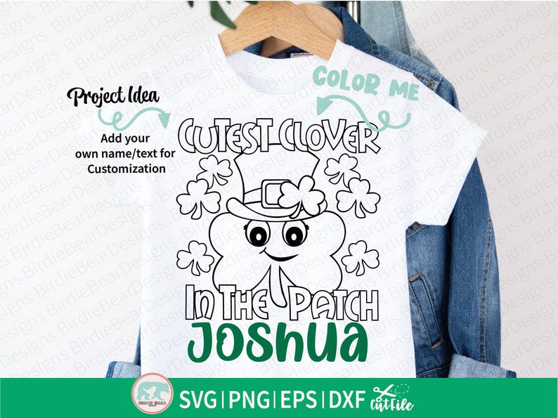Pu&ograve; includere: T-shirt bianco con un design per la festa di San Patrizio. Il design presenta un trifoglio sorridente con un cappello, circondato da trifogli, e il testo "Cutest Clover In The Patch Joshua". Include il testo "Color Me" e "Project Idea".
