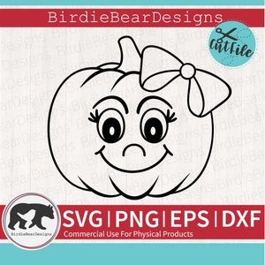 Pumpkin Face Svg, Girl Pumpkin Svg, Cute Pumpkin Svg, Pumpkin Bow Svg, Pumpkin Coloring Page Svg, Png, Dxf, Kids Fall Svg, Thanksgiving Svg