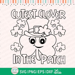 Pu&ograve; includere: Grafica in bianco e nero di un trifoglio sorridente con un cappello da folletto, circondato da trifogli. Il testo recita "Cutest Clover In The Patch". Adatto per San Patrizio.