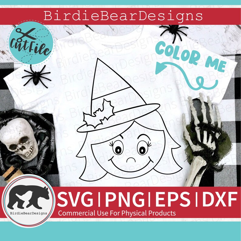 Puede incluir: Una ilustraci&oacute;n en blanco y negro de una bruja con un sombrero y una gran sonrisa. El texto "COLOR ME" est&aacute; escrito en un globo azul con una flecha que apunta a la bruja. El texto "SVG | PNG | EPS | DXF" est&aacute; escrito en letras blancas sobre un fondo azul. El texto "Commercial Use For Physical Products" est&aacute; escrito en letras blancas sobre un fondo azul.