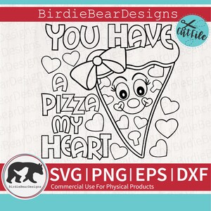 May include: Black and white line art design of a pizza slice with a face and a bow. The text "You have a pizza my heart" is written around the pizza slice. The text "SVG | PNG | EPS | DXF" is written below the pizza slice. The text "Commercial Use For Physical Products" is written below the text "SVG | PNG | EPS | DXF".