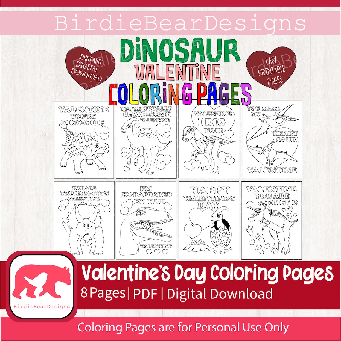 Valentines Coloring Pages Dinosaur Coloring Pages Etsy
