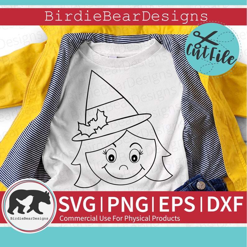 Puede incluir: Un dise&ntilde;o de l&iacute;nea en blanco y negro de una ni&ntilde;a con un sombrero de bruja con una hoja en el lateral. El dise&ntilde;o est&aacute; en una camiseta blanca. El texto "SVG | PNG | EPS | DXF" y "Uso comercial para productos f&iacute;sicos" est&aacute; debajo del dise&ntilde;o.