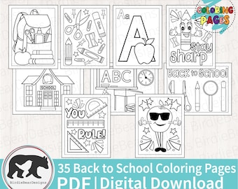 Peut inclure: Un ensemble de 35 pages à colorier en noir et blanc sur le thème de la rentrée scolaire. Les pages comprennent des images d'un bus scolaire, d'un crayon, d'une pomme, d'une règle et d'un sac à dos. Le texte "Pages à colorier" et "Retour à l'école" est inclus dans l'image.