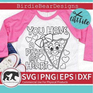 May include: A black and white digital design featuring a pizza slice with a face and a bow. The text "You have a pizza my heart" is written above the pizza slice. The design is on a white t-shirt with a pink sleeve.