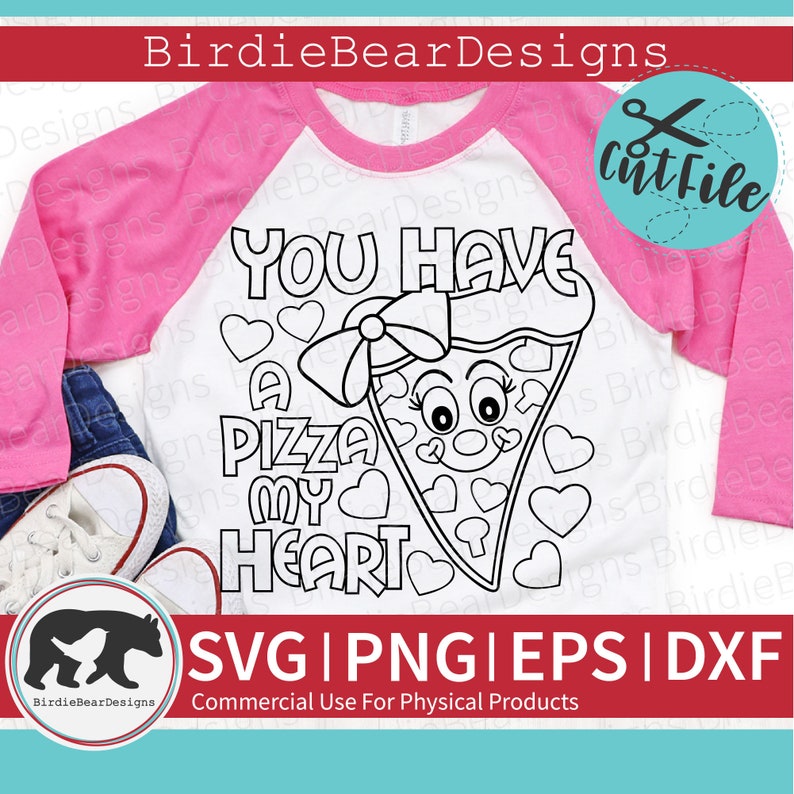 May include: A black and white digital design featuring a pizza slice with a face and a bow. The text "You have a pizza my heart" is written above the pizza slice. The design is on a white t-shirt with a pink sleeve.