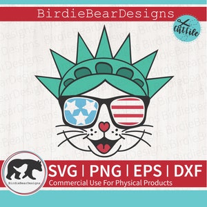 Patriottische kat Svg, Vrijheidsbeeld Svg, 4 juli kat, Lady Liberty Svg, kat met bril, Vrijheidsbeeld Clipart, Liberty Crown Svg