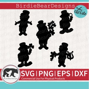 May include: Five black silhouette cut files of leprechauns in various poses. The leprechauns are holding a pot of gold, a shamrock, a harp, and a bag of gold. The text "SVG | PNG | EPS | DXF" and "Commercial Use For Physical Products" is at the bottom of the image.