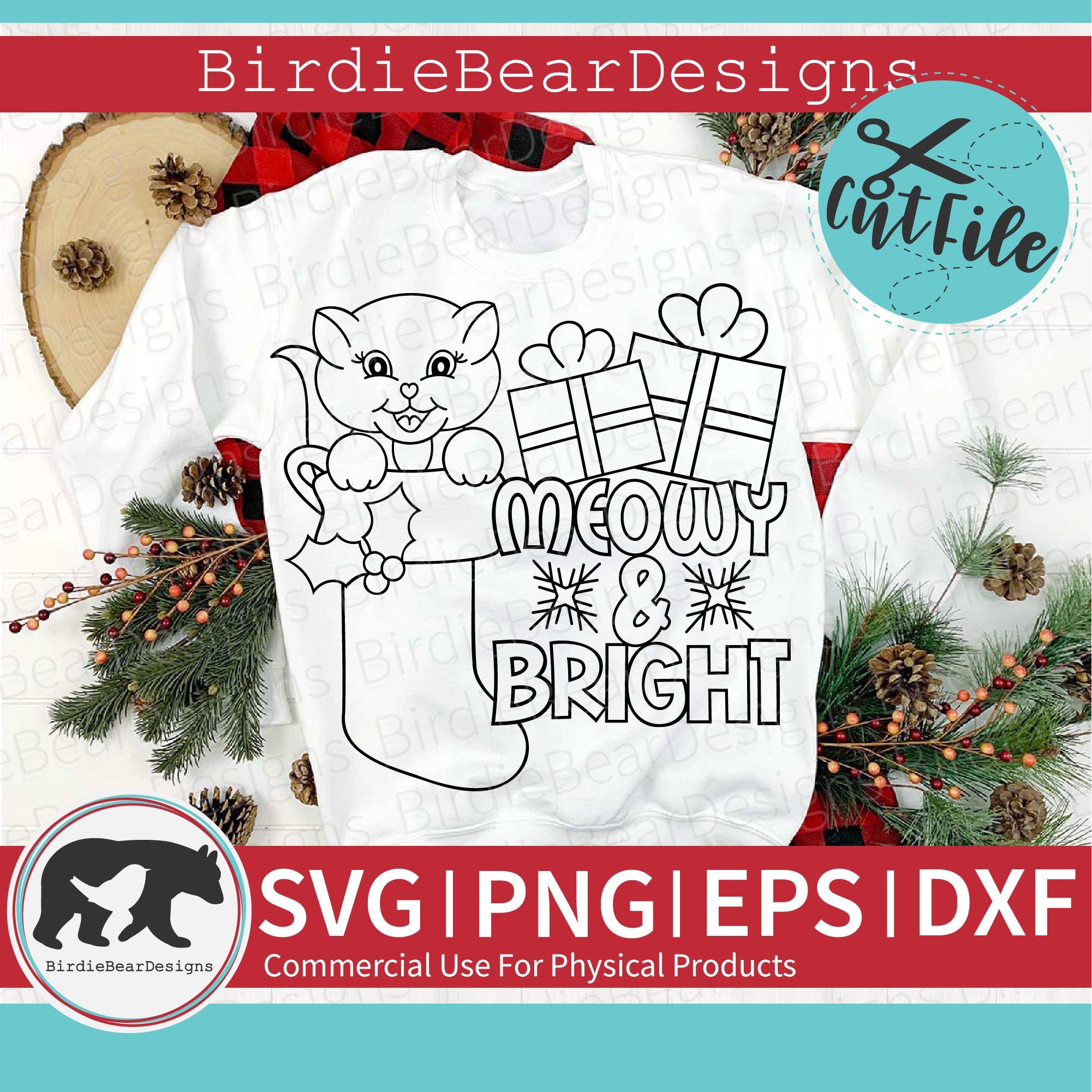 Christmas Cat Svg, Christmas Coloring Svg, Cat Clipart, Meowy and ...