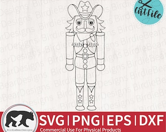 May include: A black and white line art illustration of a cowboy nutcracker. The nutcracker is wearing a cowboy hat with a star on top, a bandana, and a belt with a buckle. The nutcracker is standing with its arms at its sides.