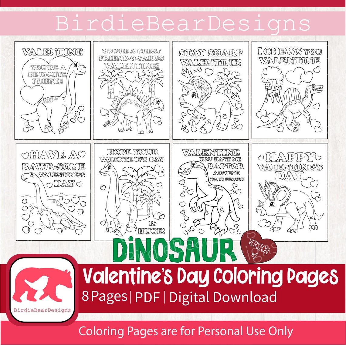 Valentines Coloring Pages Dinosaur Coloring Pages Etsy