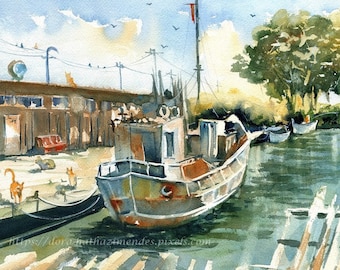 Vieux bateau rouillé, Aquarelles faites à la main, Études d’aquarelle, Œuvres d’art traditionnelles, Peintures de bateaux, Aquarelles de bateaux, Art de bateau