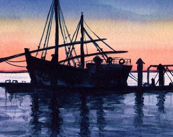 Original Portuguese Fishing Boat Watercolor Painting, Hand painted Sunset Artwork