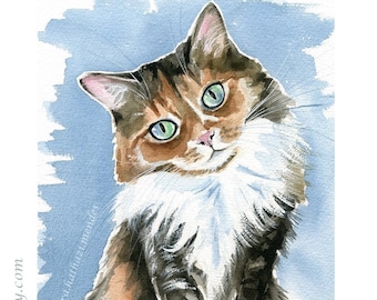 オリジナル水彩画の猫：長毛のペットの肖像画、手作りのアート作品