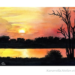 Original Malawi Sonnenuntergang Shire Fluss, handgemachte Aquarellkunst