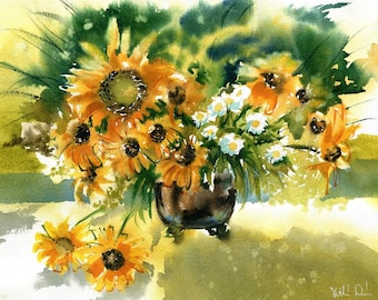 Yellow Summer Bouquet, Handmade Watercolor Paintings, Watercolour Studies, Flower Paintings, Traditional Art, Sunflower Paintings, Art