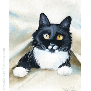 Original Tuxedo Cat Cainting, Handmade Watercolor, Peekaboo Tuxedo, Black and White Cat Painting, Pet Portraits, Watercolor Cats, Cat Art