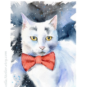 Pittura di gatto bianco, acquerello fatto a mano, dipinti di gatti, opere d'arte di gatti, dipinti di gatti bianchi, arte di animali domestici, ritratti di animali domestici