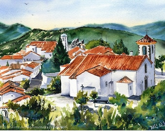Original Portuguese Painting, Marvao Hilltop Village, Portugal Wall Art, Handmade Watercolors, Medieval Village, Alentejo, Portugal Art