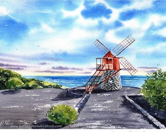 Azores Pico Windmill Portugal Painting, Original Handmade Watercolor, Pico Island Artwork, Portugal Wall Art, Portuguese Art, Acores