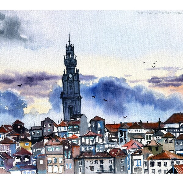 Peinture originale de Porto, Torre Dos Clerigos, aquarelle faite à la main, art mural du Portugal, oeuvre portugaise, décoration murale du Portugal, scène de la ville