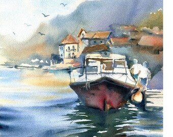 Morning At The Bay, Handmade Watercolor Paintings, Watercolour Studies, Boat Paintings, Traditional Art, Watercolor Artwork, Boats