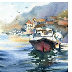 Morning At The Bay, Handmade Watercolor Paintings, Watercolour Studies, Boat Paintings, Traditional Art, Watercolor Artwork, Boats