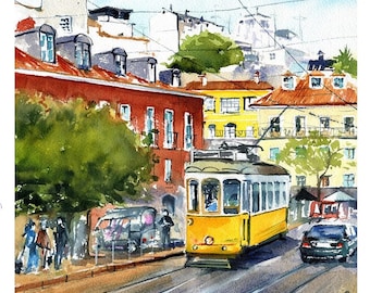 Original Lisbon Painting, Portugal Artwork, Handmade Watercolor, Portuguese Art, Lisbon Yellow Tram, Tram 28, Largo Das Portas Do Sol Lisboa