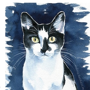 Original Tuxedo Cat Painting, Handmade Watercolor, Cat Artwork, Pet Portraits, Black and White Cats,