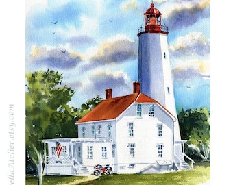 Sandy Hook Lighthouse Painting: Original Handmade Watercolor Art