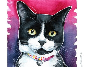 Original Tuxedo Cat Watercolor Painting: Handmade Pet Portrait