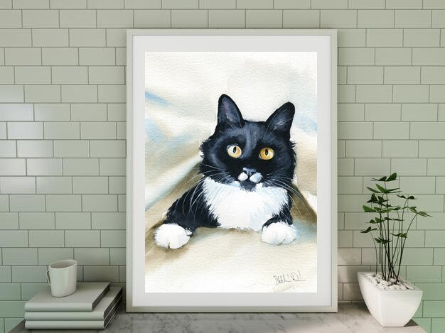 Original Tuxedo Cat Cainting, Handmade Watercolor, Peekaboo