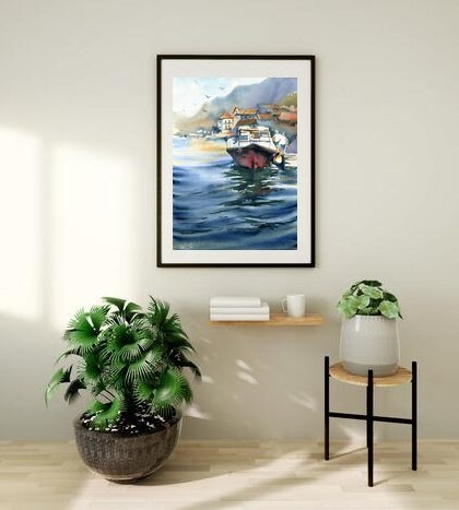 湾での朝：オリジナル手作りボート水彩画 - Etsy 日本