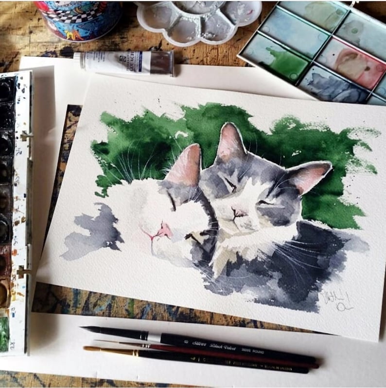 Cat Art Handmade Watercolor Custom Pet Portrait Cat Paintings Pet Portraits Brothers Cat Mom gift For Catlovers Original Cat Painting