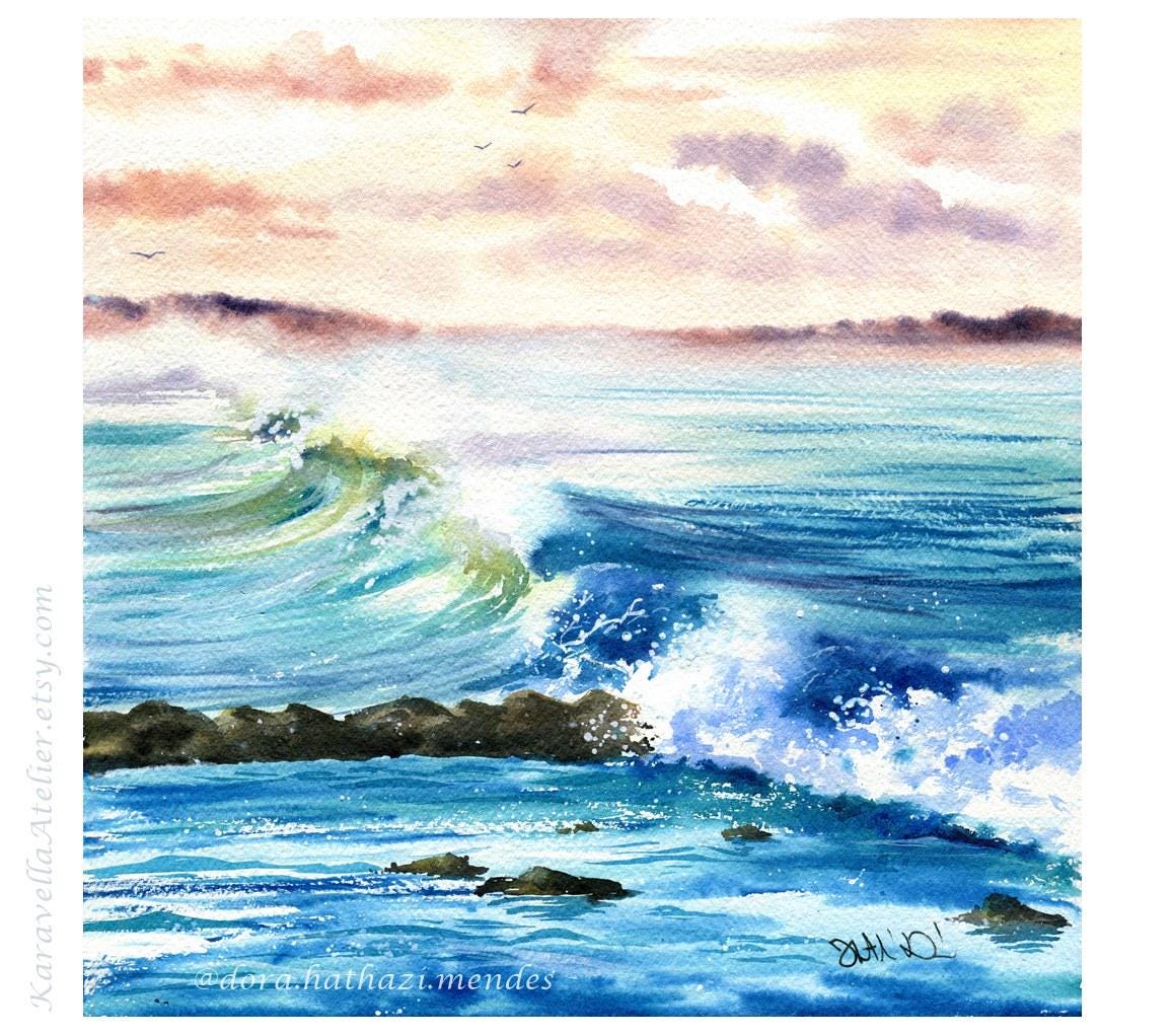 Original Pastel Sunset Ocean Waves: Hand Painted Watercolor