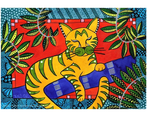 オリジナルの縞模様の猫の絵：手作りのカラフルな猫のアート作品