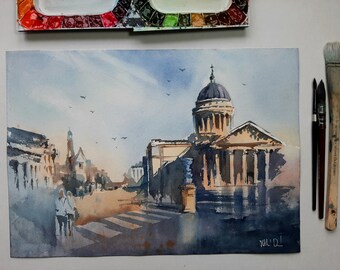 パリのパンテオンオリジナル水彩画：手作りの街並みのアート