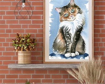 オリジナル水彩画の猫：長毛のペットの肖像画、手作りのアート作品