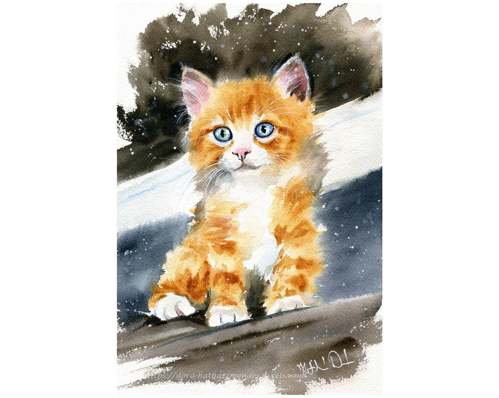 オリジナル水彩画の猫：ふわふわの茶トラ猫、ハンドメイドアート