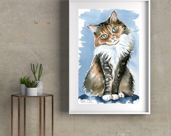 オリジナル水彩画の猫：長毛のペットの肖像画、手作りのアート作品