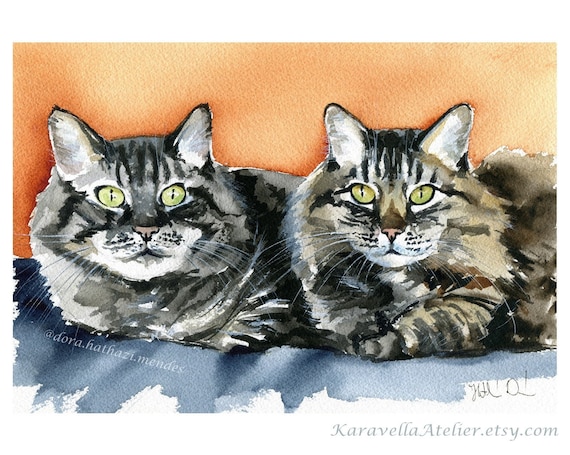 ノルウェージャンフォレストキャットの水彩画：オリジナルの手作り猫