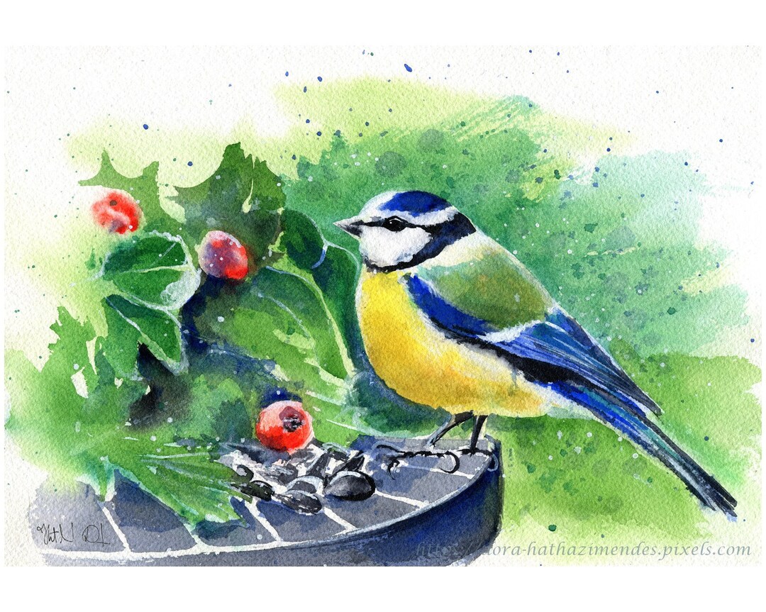 Original Blue Tit Painting, Handmade Watercolor, Tit Paintings, Bird Art, Bird Paintings, Blue Tits, Little Tit, Watercolor Birds, Birds - Etsy Japan