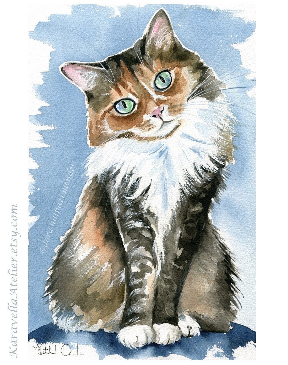 オリジナル水彩画の猫：長毛のペットの肖像画、手作りのアート作品